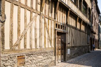 travel to France - facade of old half-timbered house on street Rue Larivey in Troyes city