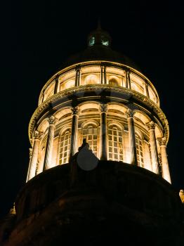 travel to France - illuminated dome of Basilica of Notre-Dame de Boulogne in Boulogne-sur-Mer city in summer night