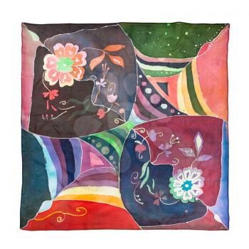 top view of hand painted batik silk headscarf with abstract floral pattern isolated on white background