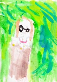 hand drawn training picture - pupil in glasses and brown suit on green lawn by watercolours on white paper