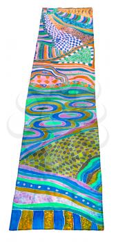above view of silk scarf painted in cold contour batik technique isolated on white background
