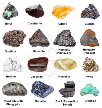 set of various stones with names isolated on white: cassiterite, peridotite, jaspillite, prasiolite, turquoise, cuprite, beryl, howlite, citrine, goethite, schorl, pyrite, hematite, sodalite