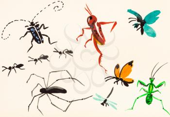 training drawing in suibokuga sumi-e style with watercolor paints - many insects hand painted on cream colored paper