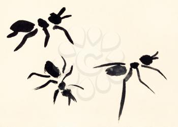 training drawing in suibokuga sumi-e style with watercolor paints - three ants hand painted on cream colored paper