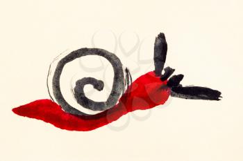 training drawing in suibokuga sumi-e style with watercolor paints - red snail hand painted on cream colored paper