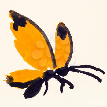 training drawing in suibokuga sumi-e style with watercolor paints - butterfly with orange wings hand painted on cream colored paper