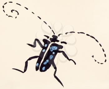 training drawing in suibokuga sumi-e style with watercolor paints - longhorn beetle hand painted on cream colored paper