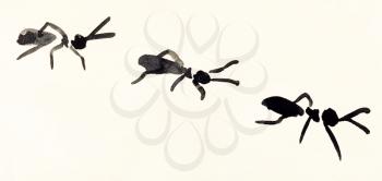 training drawing in suibokuga sumi-e style with watercolor paints - line of ants hand painted on cream colored paper