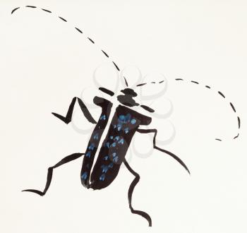 training drawing in suibokuga sumi-e style with watercolor paints - long-horned beetle hand painted on cream colored paper
