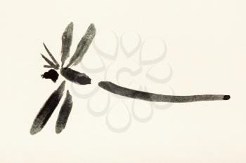 training drawing in suibokuga sumi-e style with watercolor paints - dragonfly painted on cream colored paper