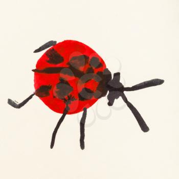 training drawing in suibokuga sumi-e style with watercolor paints - red ladybug hand painted on cream colored paper