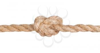Overhand knot tied on thick jute rope isolated on white background