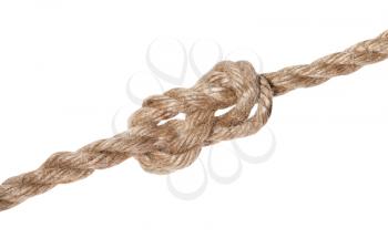 another side of figure-eight knot tied on thick jute rope isolated on white background