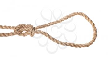 slipped figure-eight noose knot tied on thick jute rope isolated on white background