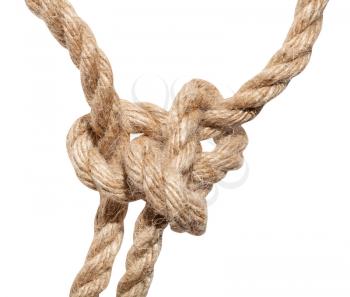 Running bowline knot close up on thick jute rope isolated on white background