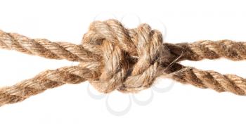 poacher's knot close up on thick jute rope isolated on white background