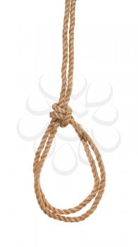 double running knot tied on thick jute rope isolated on white background