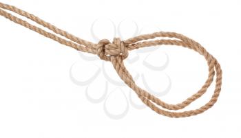 another side of double running knot tied on thick jute rope isolated on white background
