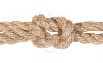 reef knot joining two ropes close up isolated on white background