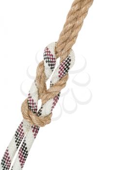 another side of academic surgeon's knot, double reef knot joining two ropes isolated on white background