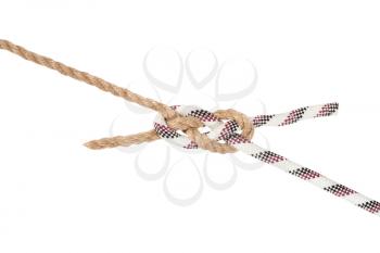 sailor's breastplate knot joining two ropes isolated on white background