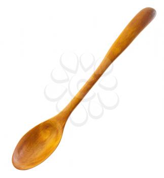 top view of hand carved wooden spoon from alder tree isolated on white background