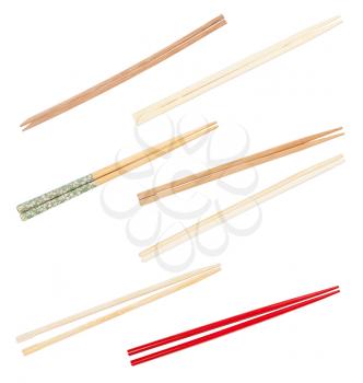 collection from various wooden chopsticks isolated on white background
