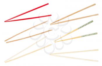 set of various wooden chopsticks isolated on white background