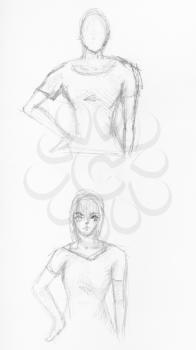 sketches of girl holding hands on waist hand-drawn by black pencil on white paper