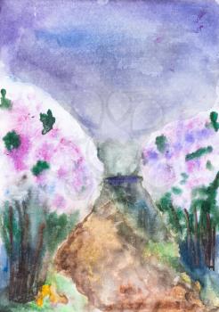 rose bushes blooming lilacs along rural brown road in spring handpainted by watercolors on white paper
