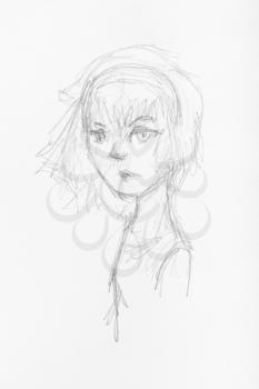 sketch of perplexed girl with hair fluttering in wind hand-drawn by black pencil on white paper