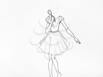 sketch of dancing girl in short wide dress with microphone hand-drawn by black pencil and ink on white paper