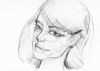 sketch of head of romantic young woman with thick lips hand-drawn by black pencil on white paper