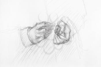 sketch of gesture of hands of old man close up hand-drawn by black ink and pencil on white paper