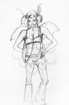 sketch of fairy person hand-drawn by black pencil on white paper