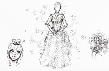 sketches of lady's figure in long dress, girl's head and flowers hand-drawn by black ink on white paper