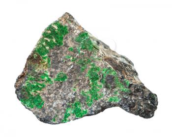 macro shooting of natural mineral - green Uvarovite crystals on rough Chromite stone isolated on white backgroung from Ural Mountains
