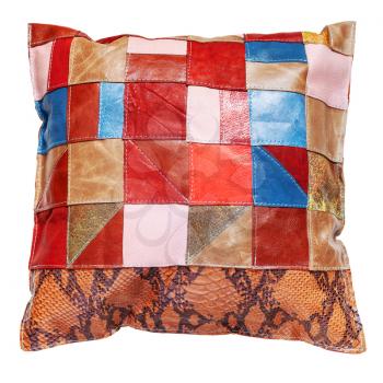 top view of handmade colorful patchwork leather throw pillow isolated on white background