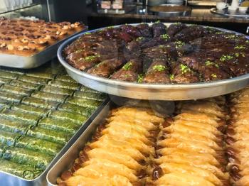 travel to Caucasian Mineral Waters region - trays with various local sweets in pastry shop in Pyatigorsk city
