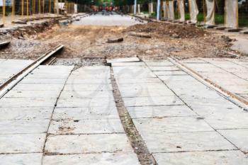 repair of tram tracks in Moscow city - the end of disassembled tram road