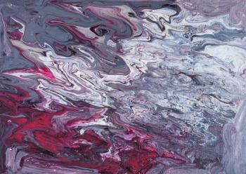 abstract picture hand-painted in fluid acrylic flow painting technique by purple, gray and silver paints on canvas