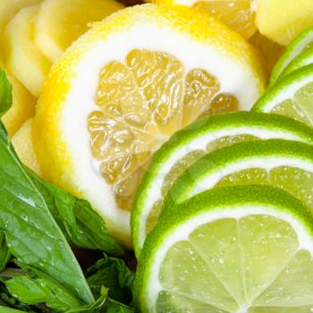 food background - cocktail ingredients, slices of fresh limes, lemons and ginger with green mint leaves close-up