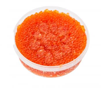 plastic container with salted russian red caviar of pink salmon fish isolated on white background