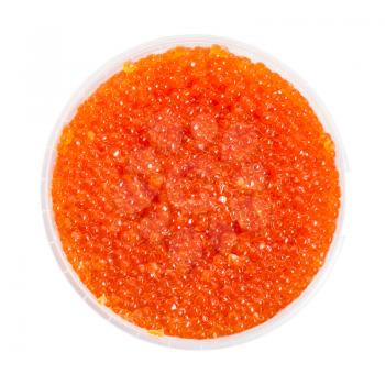 top view of plastic container with salted russian red caviar of pink salmon fish isolated on white background