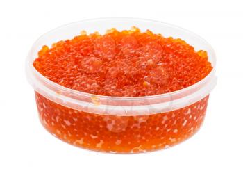 plastic container with salted russian red roe of pink salmon fish isolated on white background