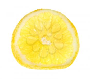 thin slice of fresh lemon lit from behind isolated on white background