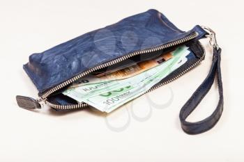 open blue leather wristlet purse bag with credit cards and euro banknotes on pale brown table