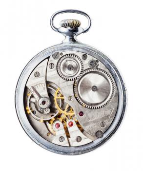 vintage mechanical Pocket watch without back cover isolated on white background