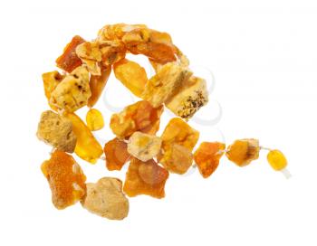 top view of knotted necklace from natural raw yellow amber nuggets isolated on white background