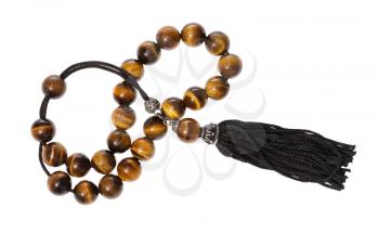 tangled worry beads from tiger's eye gemstones isolated on white background